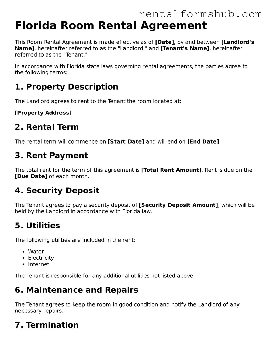 Official Florida Room Rental Agreement Template