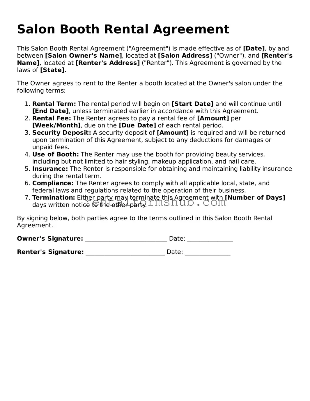 Blank Salon Booth Rental Agreement Template