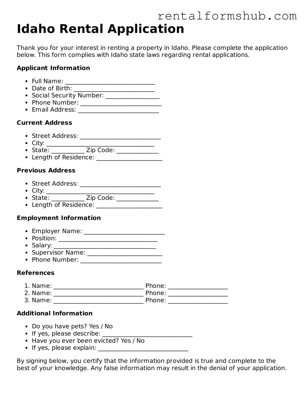 Official Idaho Rental Application Template