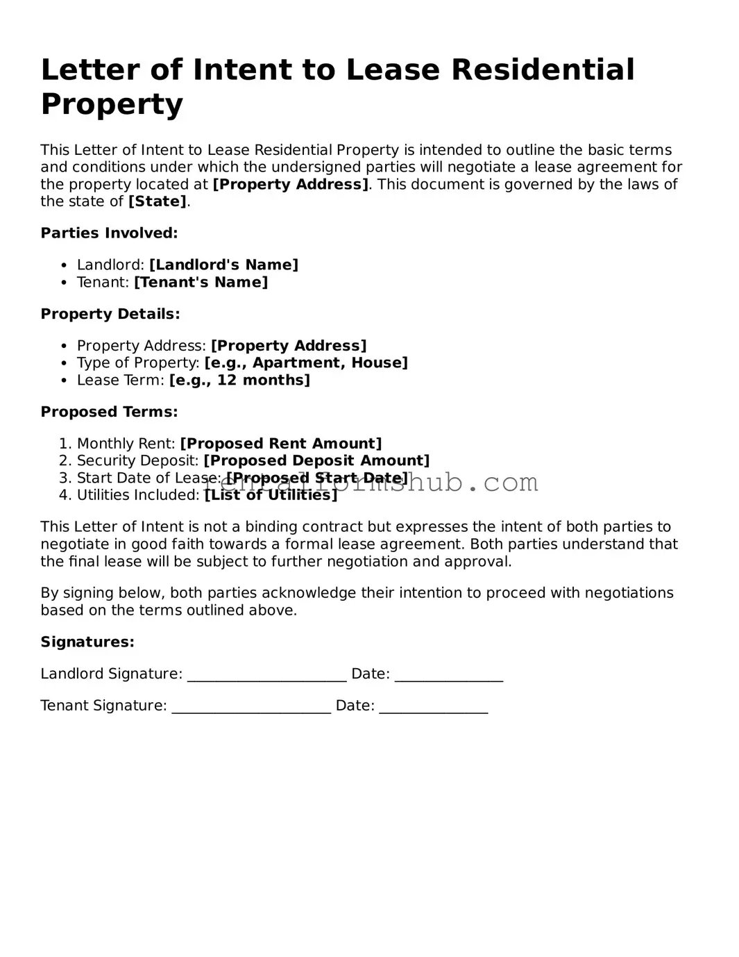 Blank Letter of Intent to Lease Residential Property Template