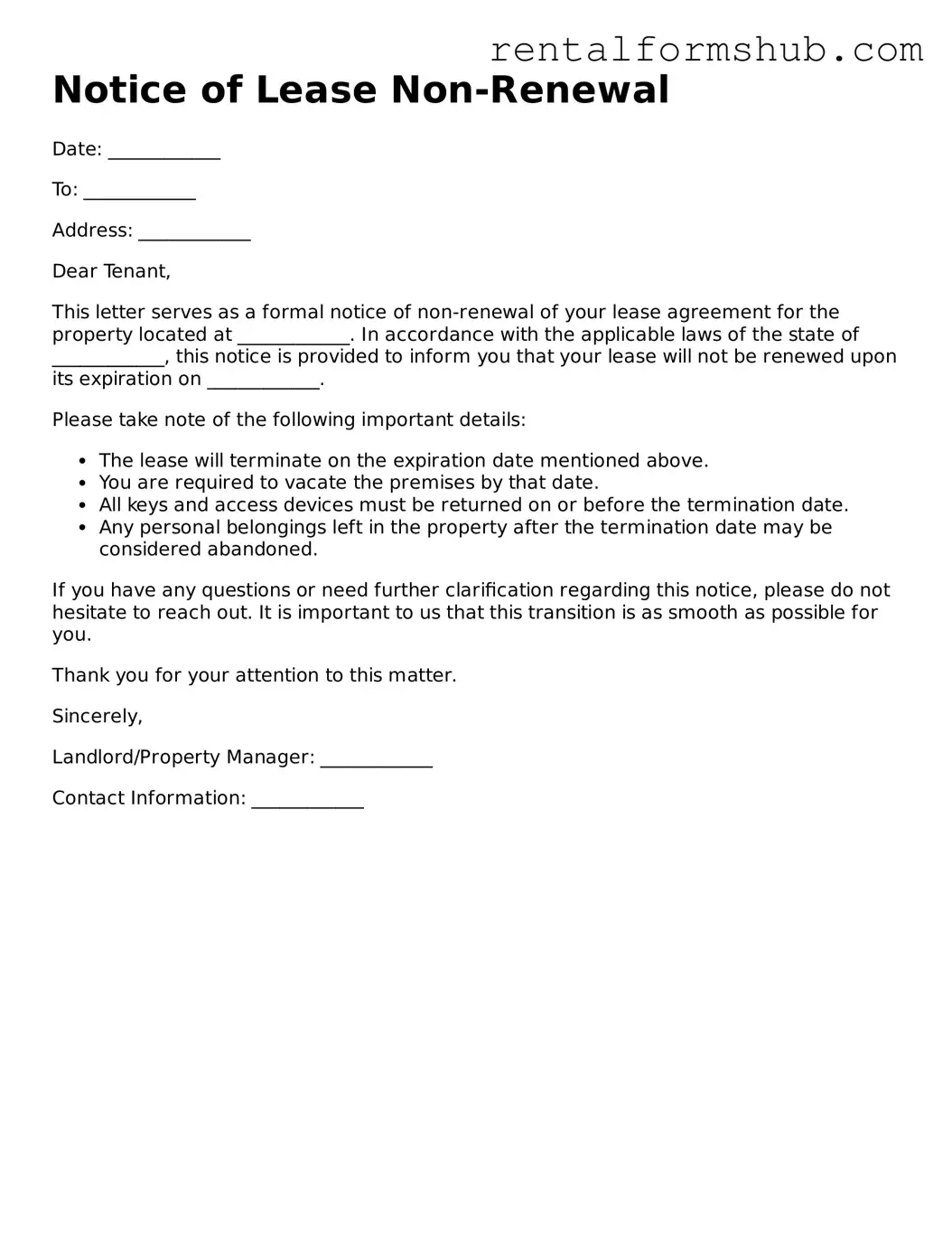 Blank Notice of Lease Non-Renewal Template