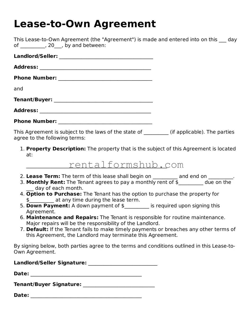 Blank Lease-to-Own Agreement Template