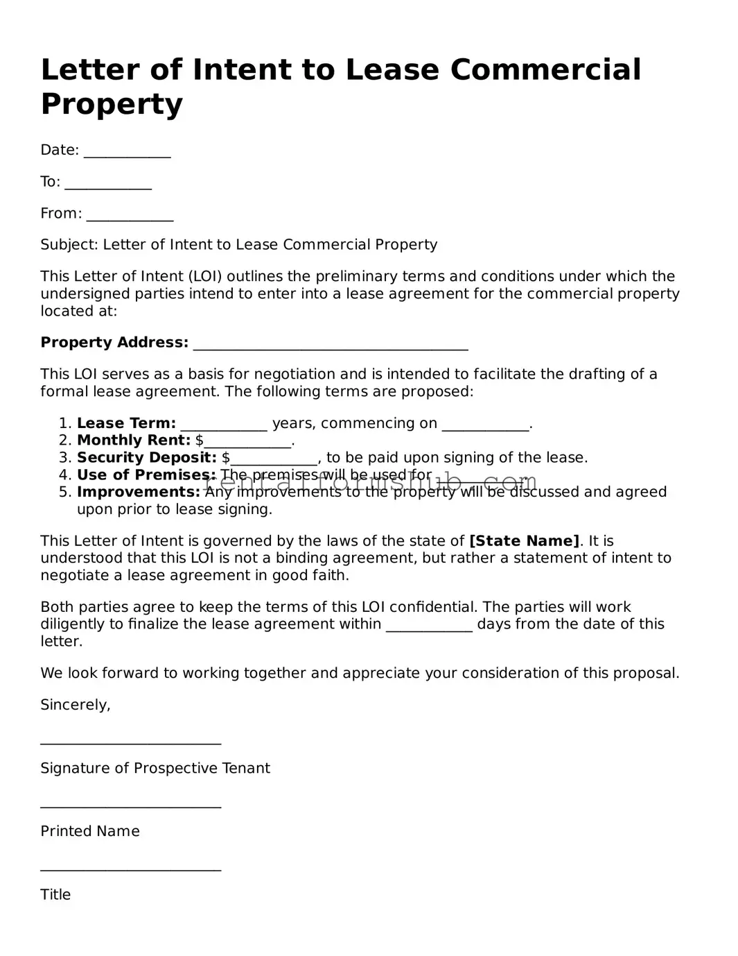 Blank Letter of Intent to Lease Commercial Property Template