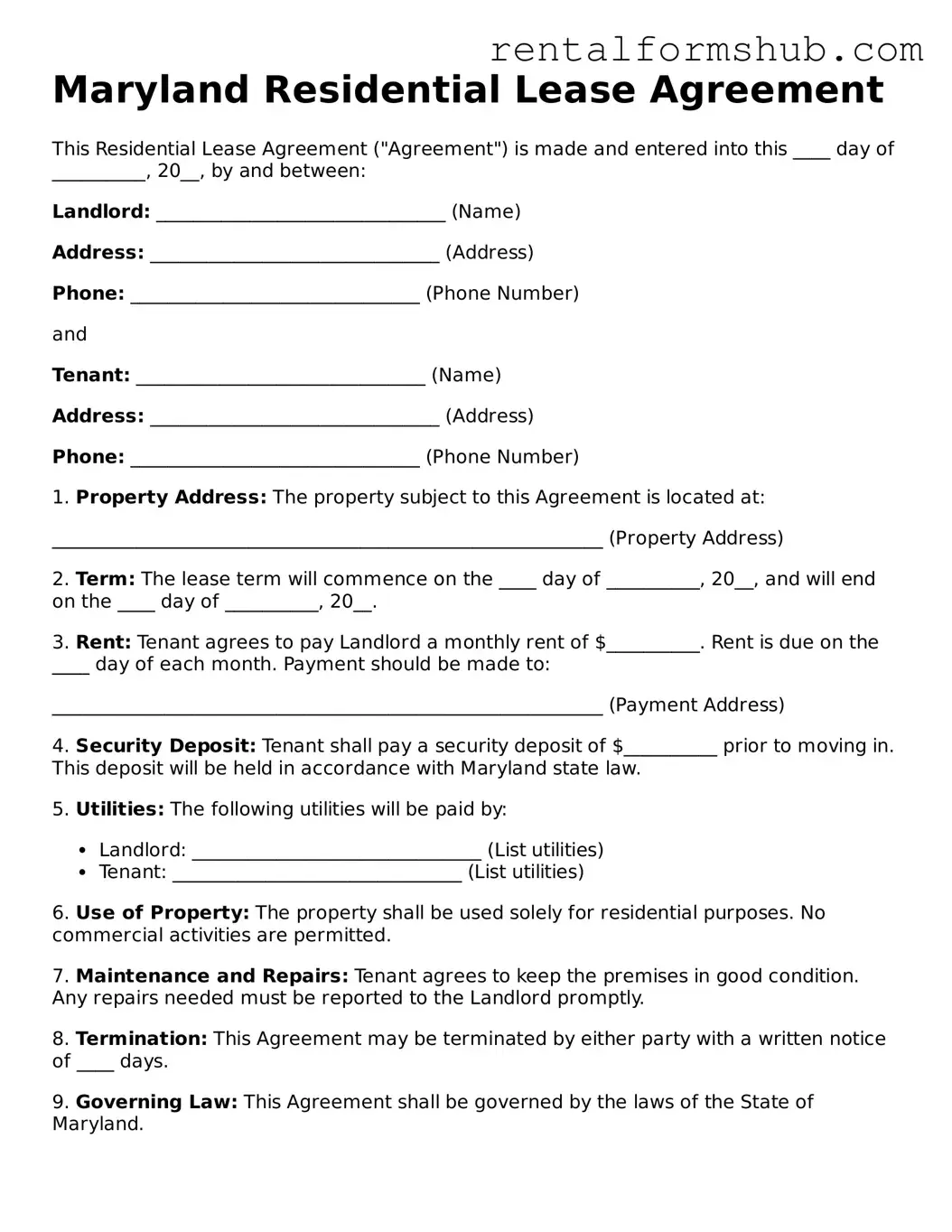 Official Maryland Residential Lease Agreement Template