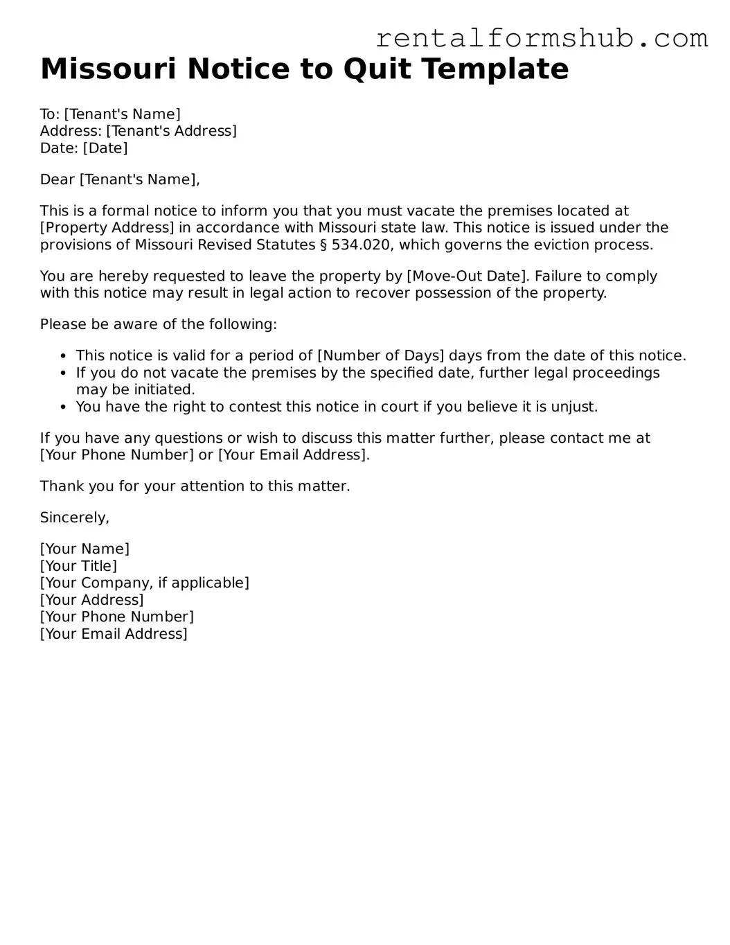 Official Missouri Notice to Quit Template