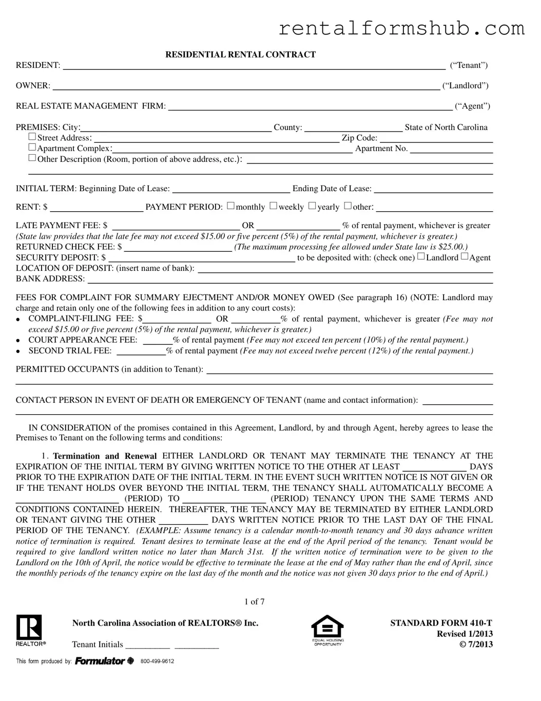 Fill Out a Valid Nc Residential Rental Contract 410 T Form