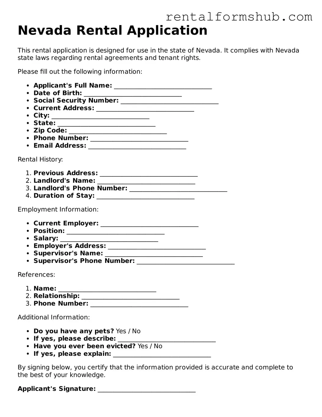 Official Nevada Rental Application Template