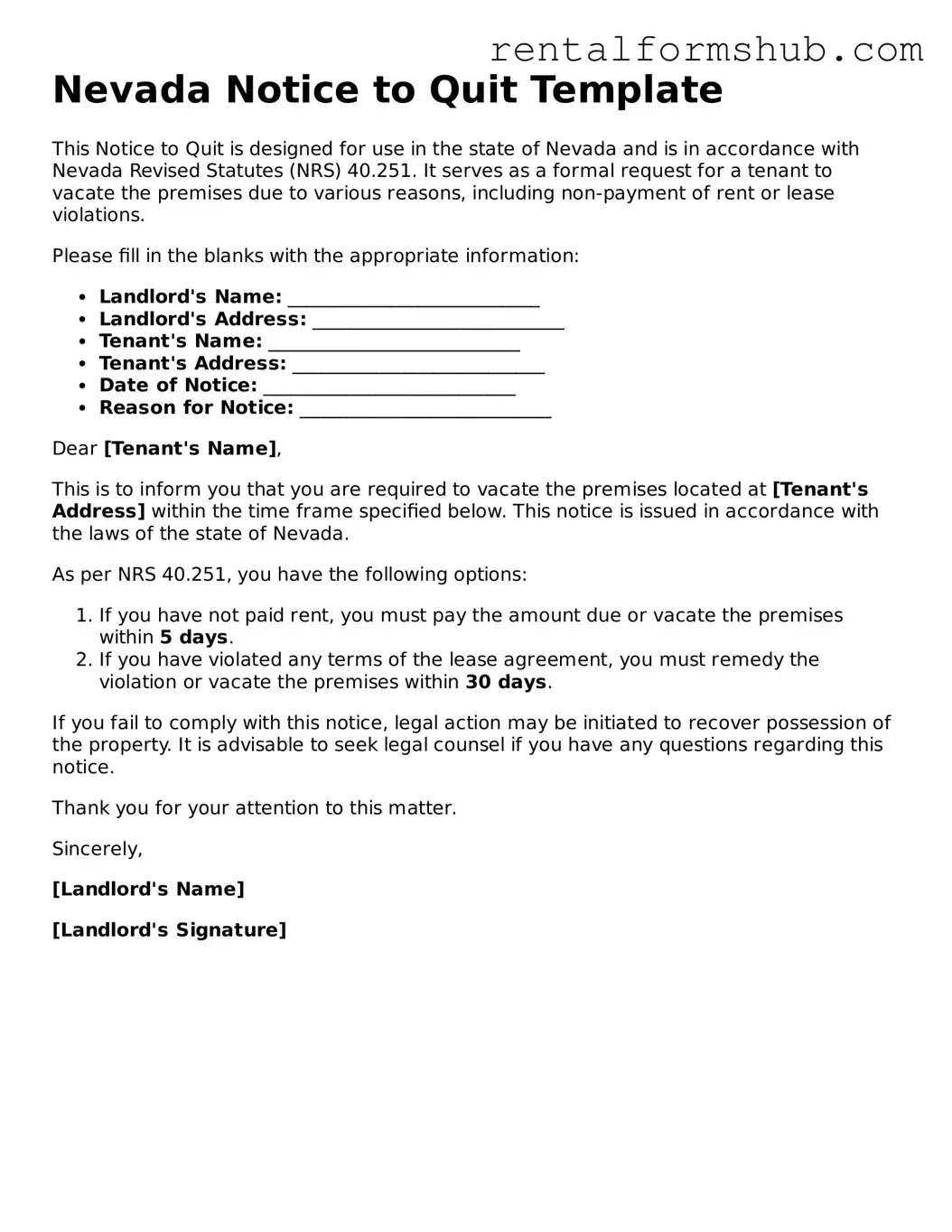 Official Nevada Notice to Quit Template