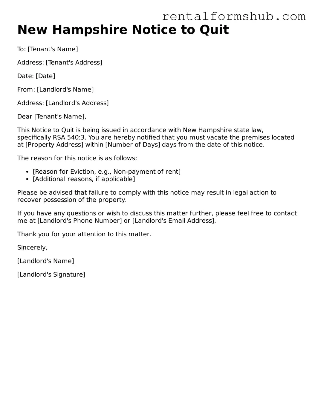 Official New Hampshire Notice to Quit Template