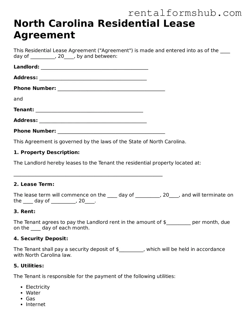 Official North Carolina Residential Lease Agreement Template