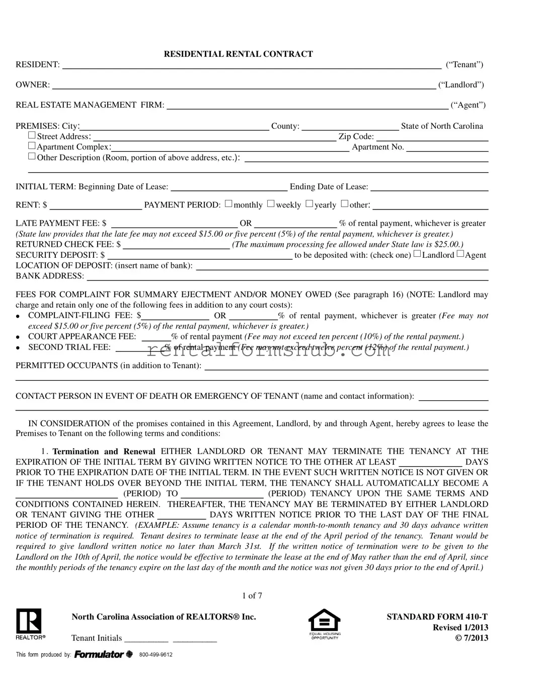 Fill Out a Valid Nc Residential Rental Contract 410 T Form