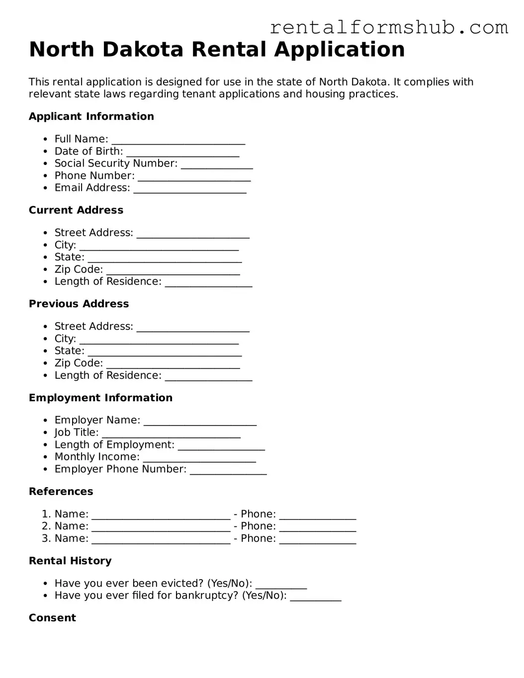 Official North Dakota Rental Application Template