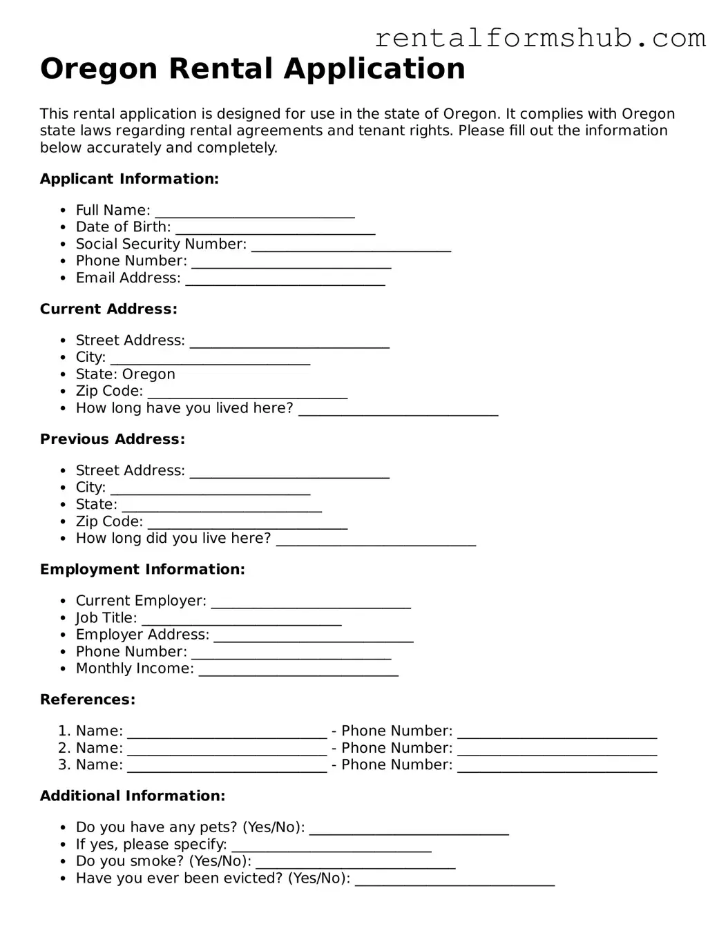 Official Oregon Rental Application Template