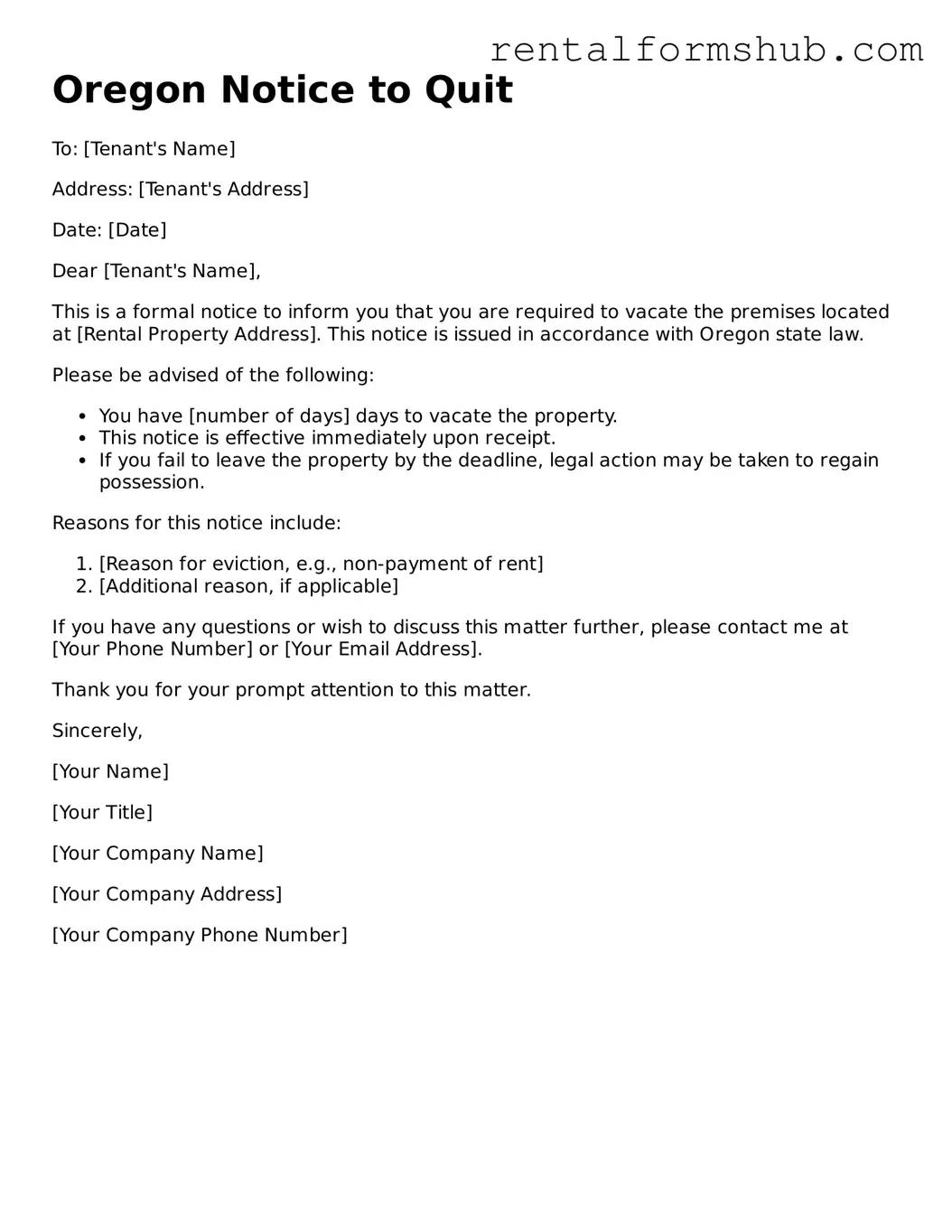 Official Oregon Notice to Quit Template