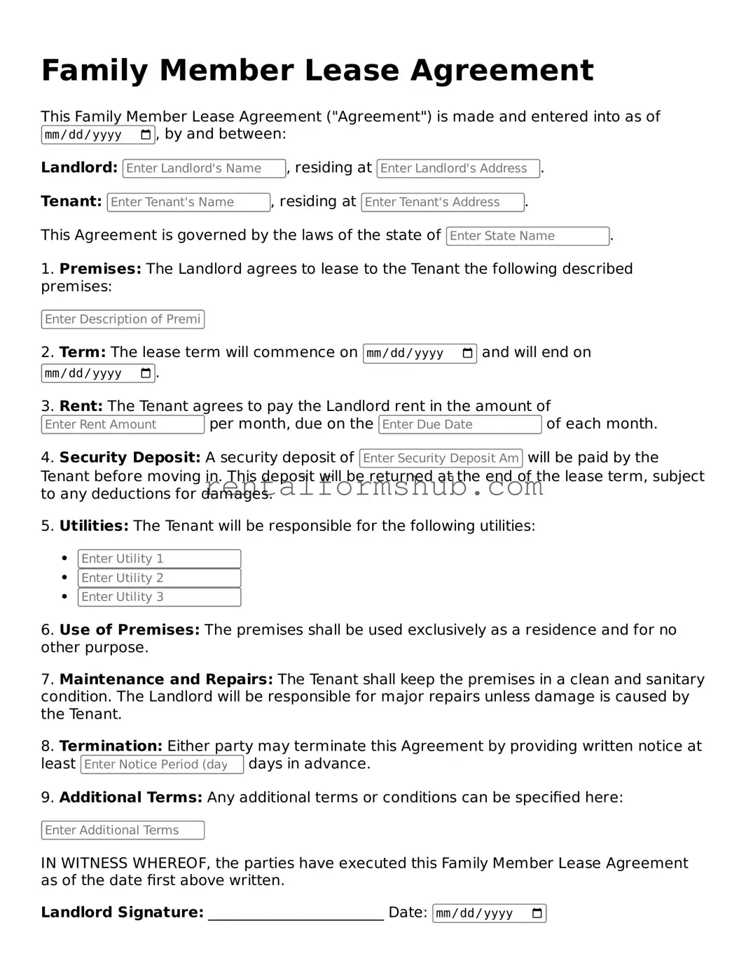 Blank Family Member Lease Agreement Template