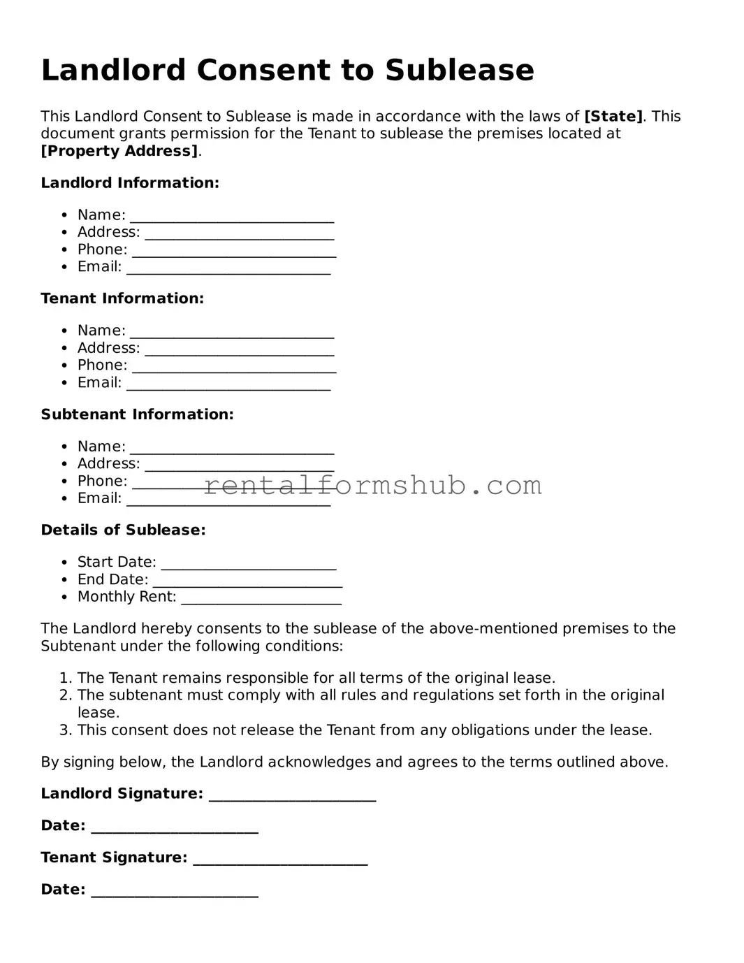 Blank Landlord Consent to Sublease Template