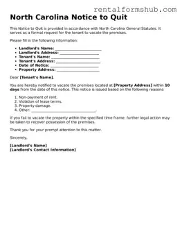 Official North Carolina Notice to Quit Template