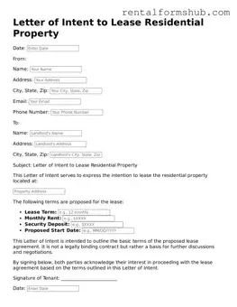 Blank Letter of Intent to Lease Residential Property Template