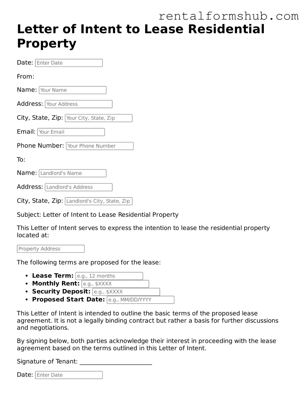 Blank Letter of Intent to Lease Residential Property Template