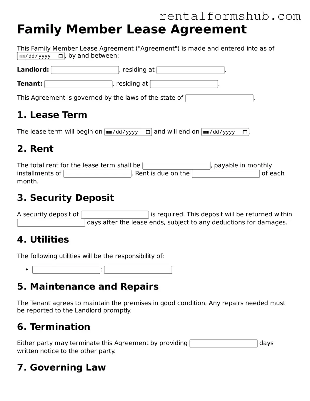 Blank Family Member Lease Agreement Template