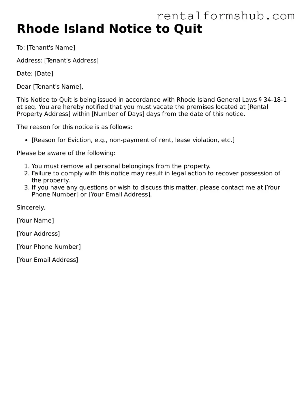 Official Rhode Island Notice to Quit Template