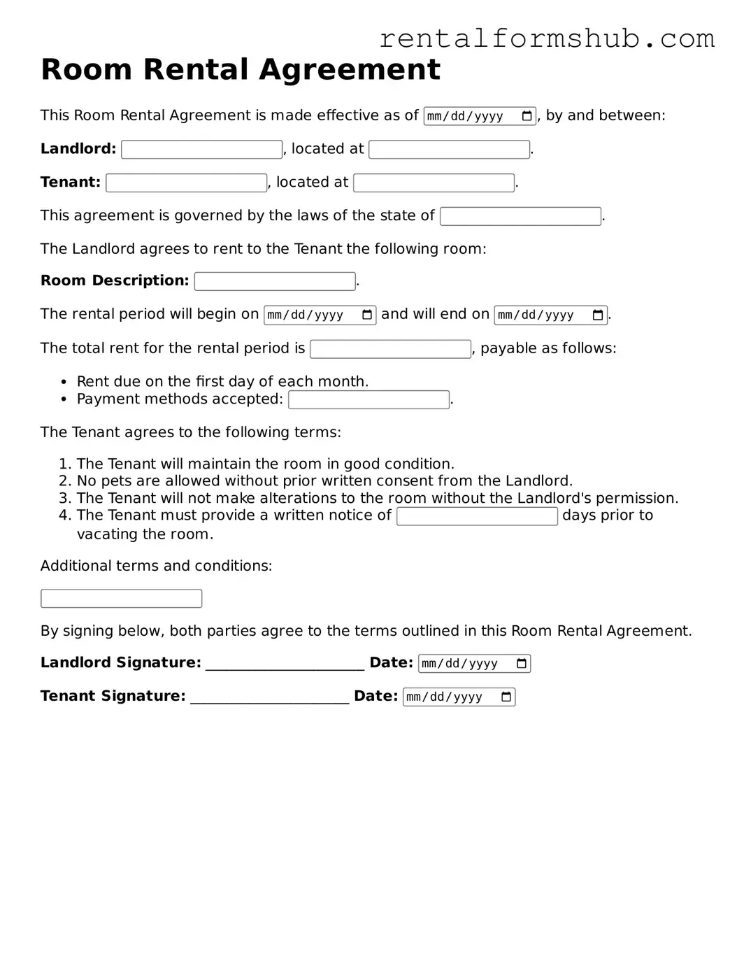 Blank Room Rental Agreement Template