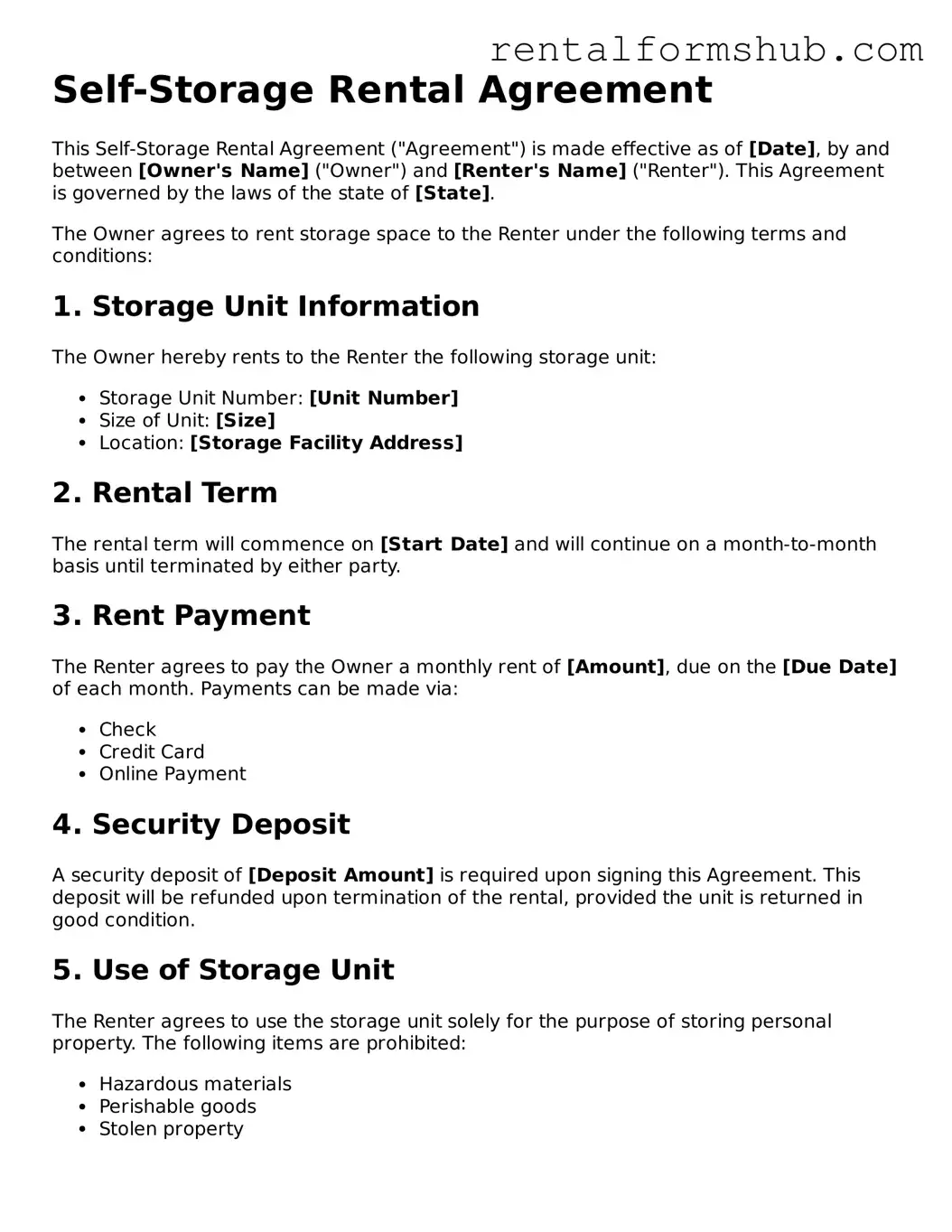 Blank Self-Storage Rental Agreement Template