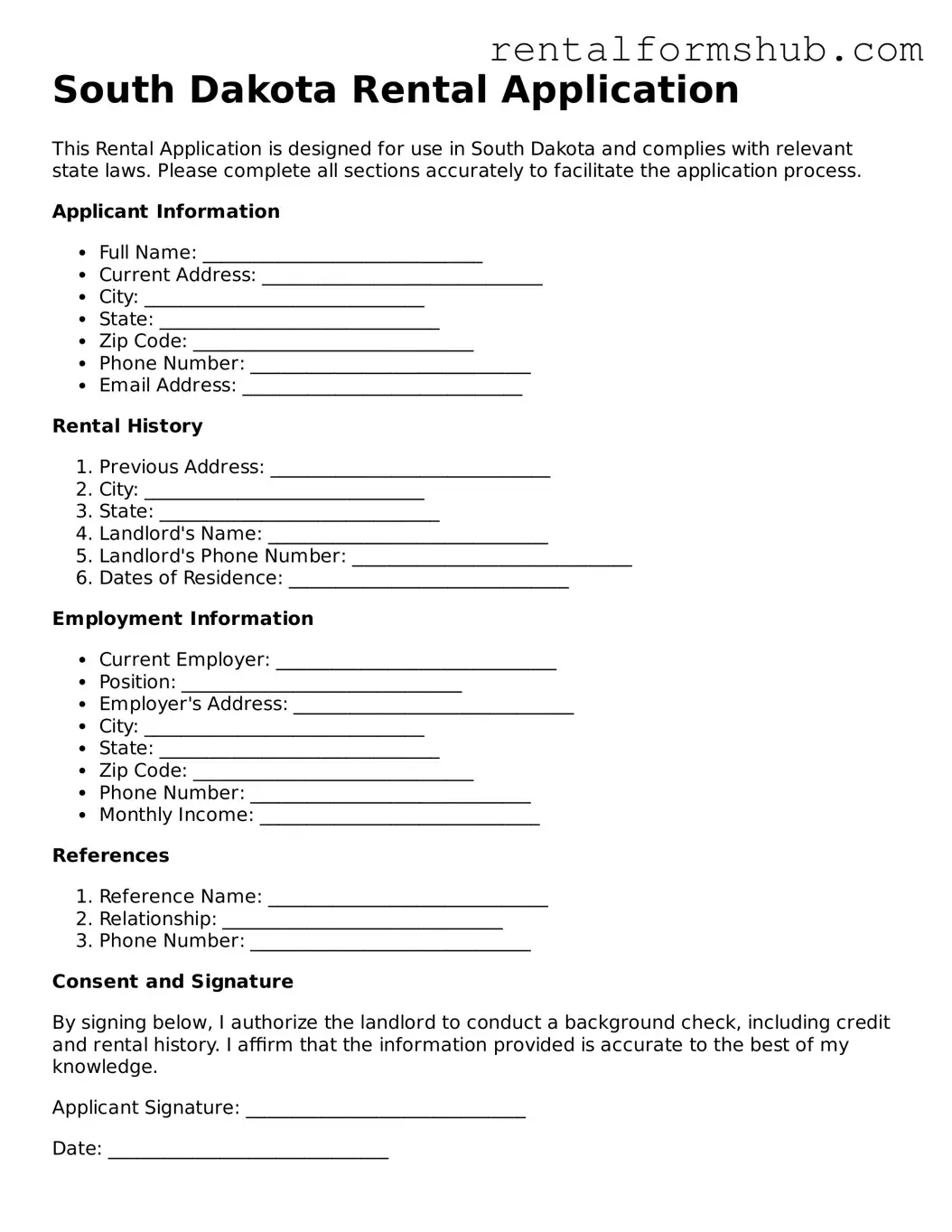 Official South Dakota Rental Application Template