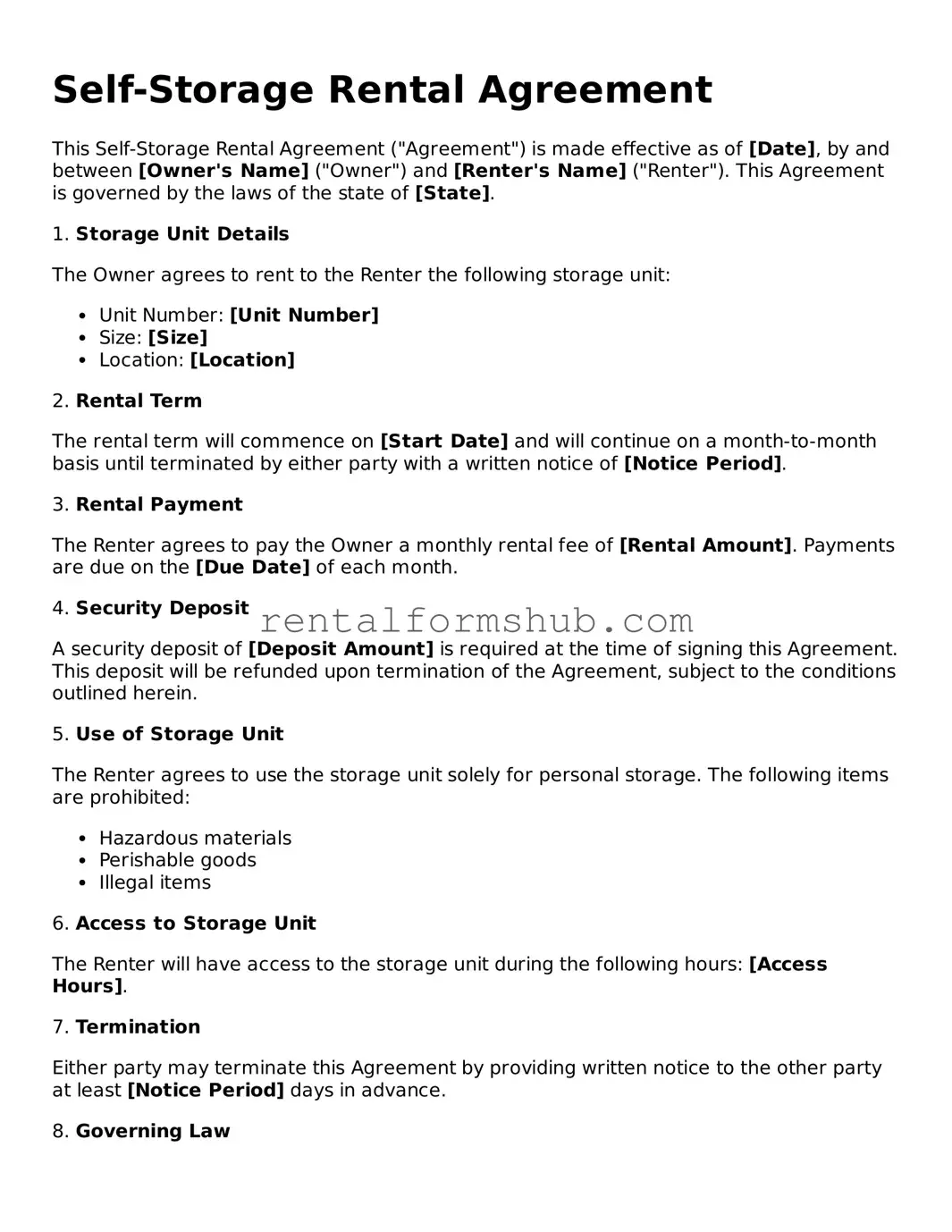 Blank Self-Storage Rental Agreement Template
