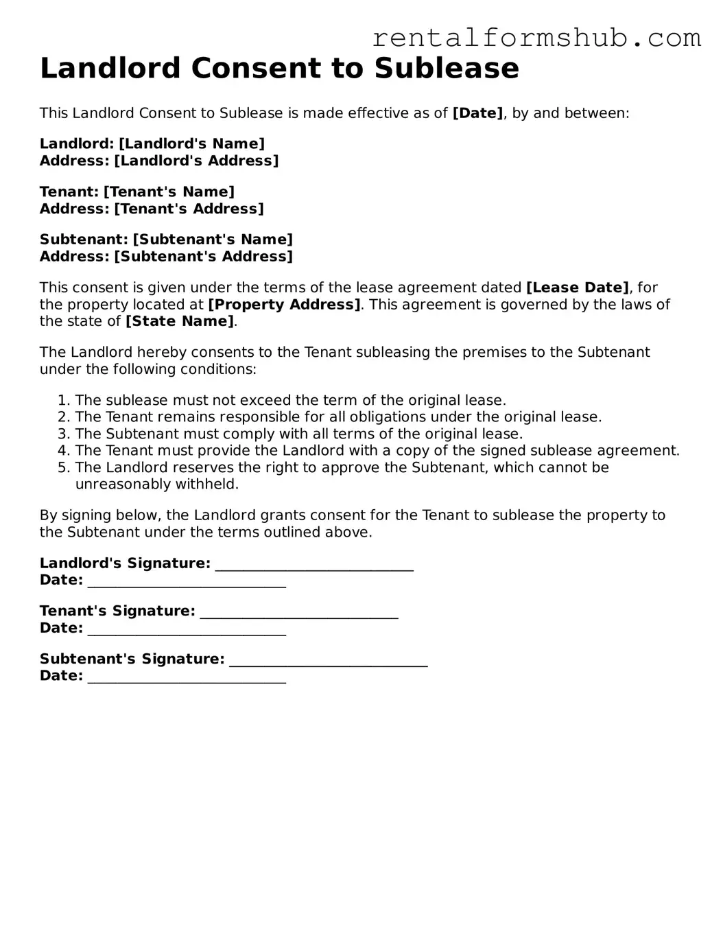 Blank Landlord Consent to Sublease Template
