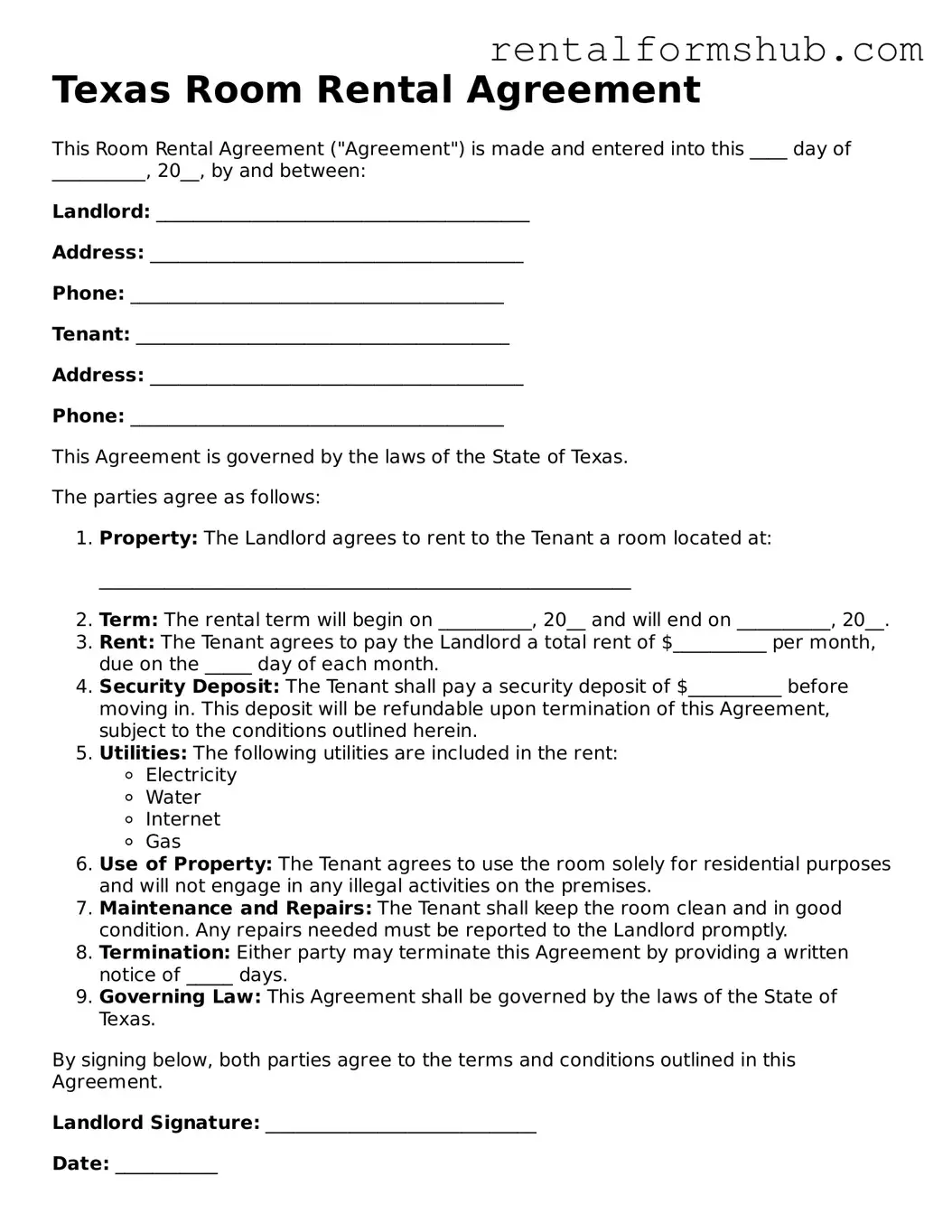 Official Texas Room Rental Agreement Template