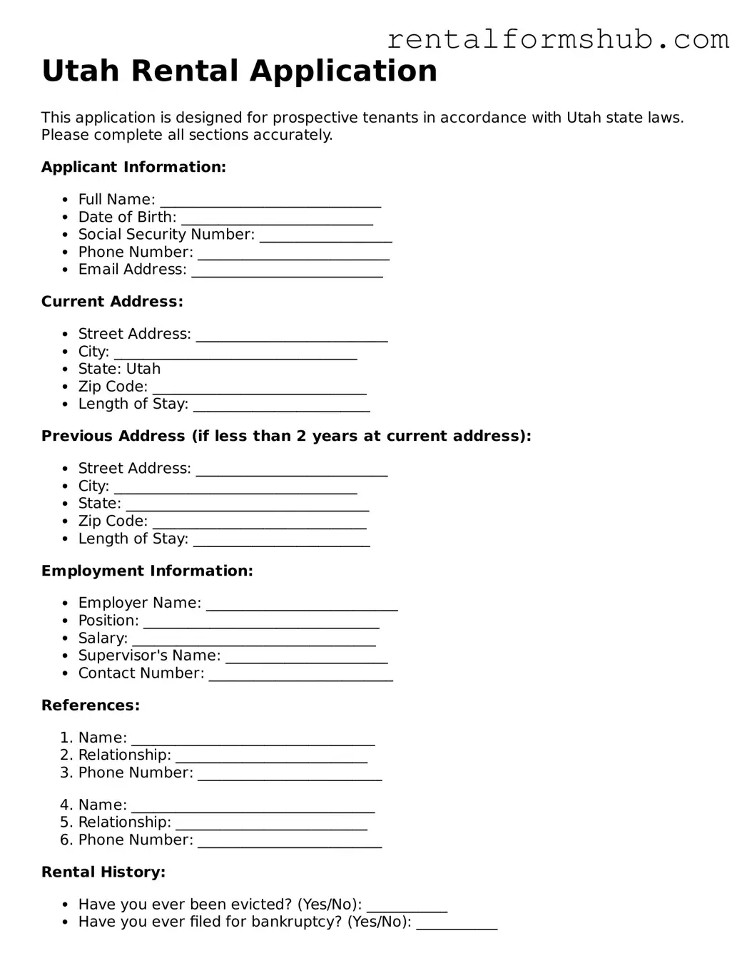 Official Utah Rental Application Template