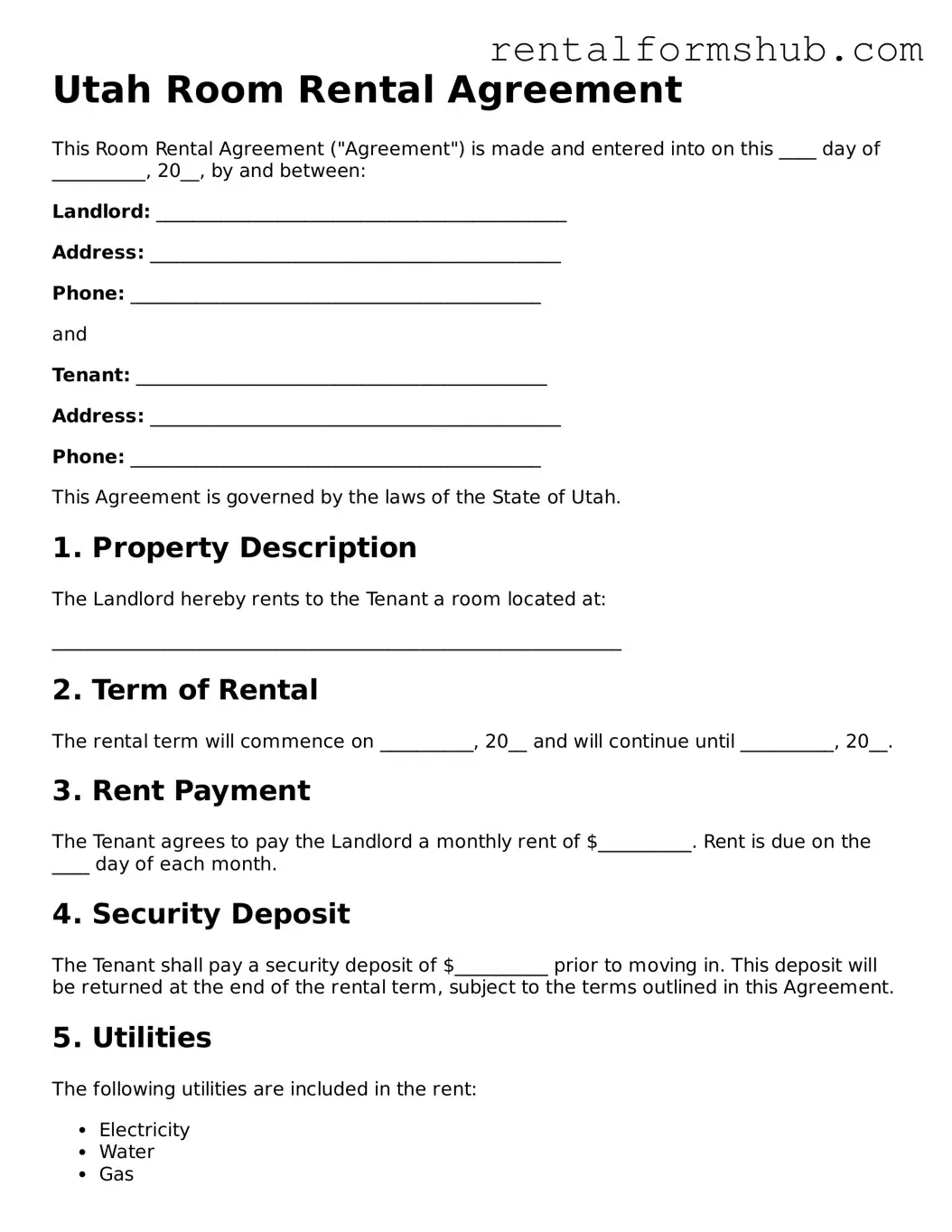 Official Utah Room Rental Agreement Template