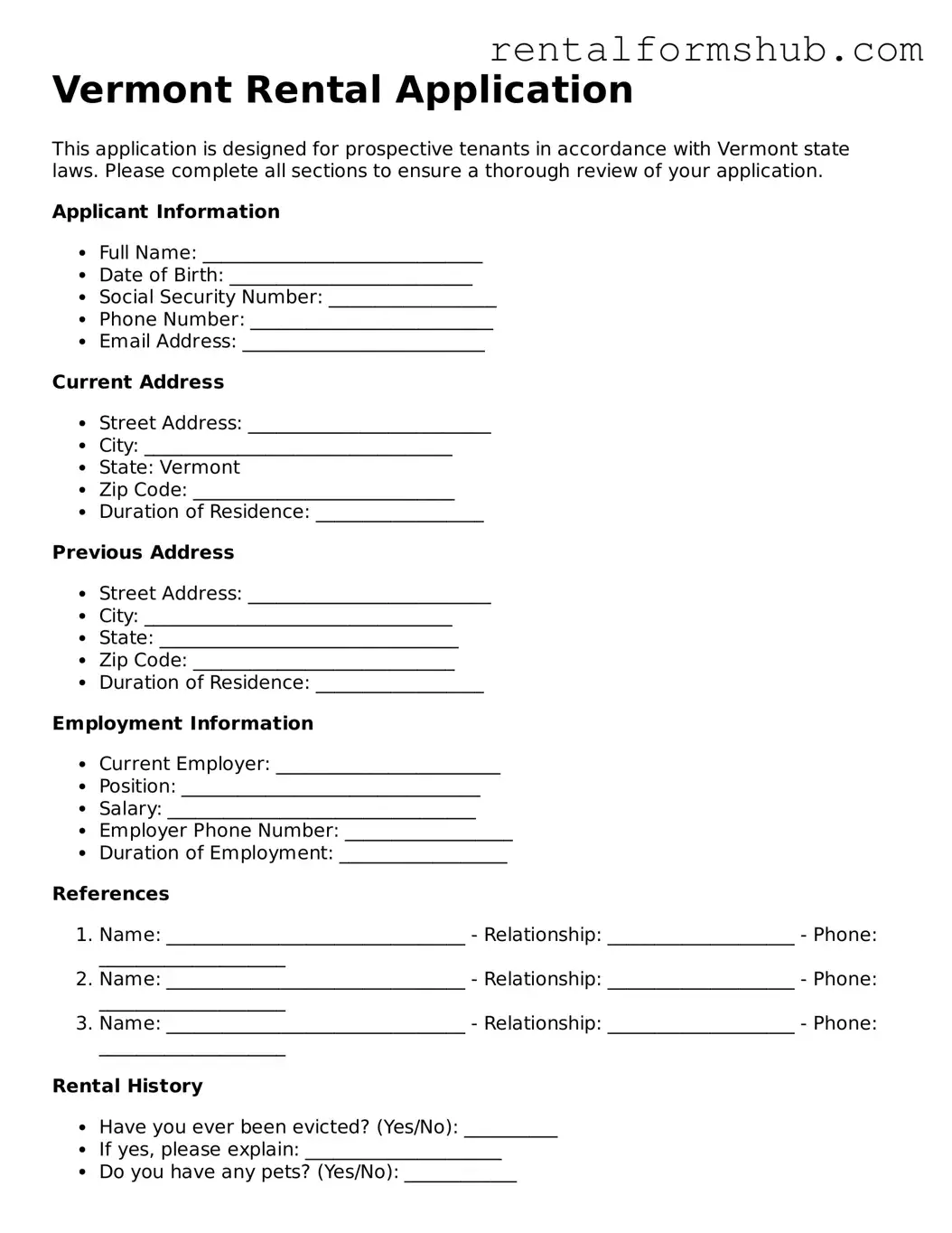 Official Vermont Rental Application Template