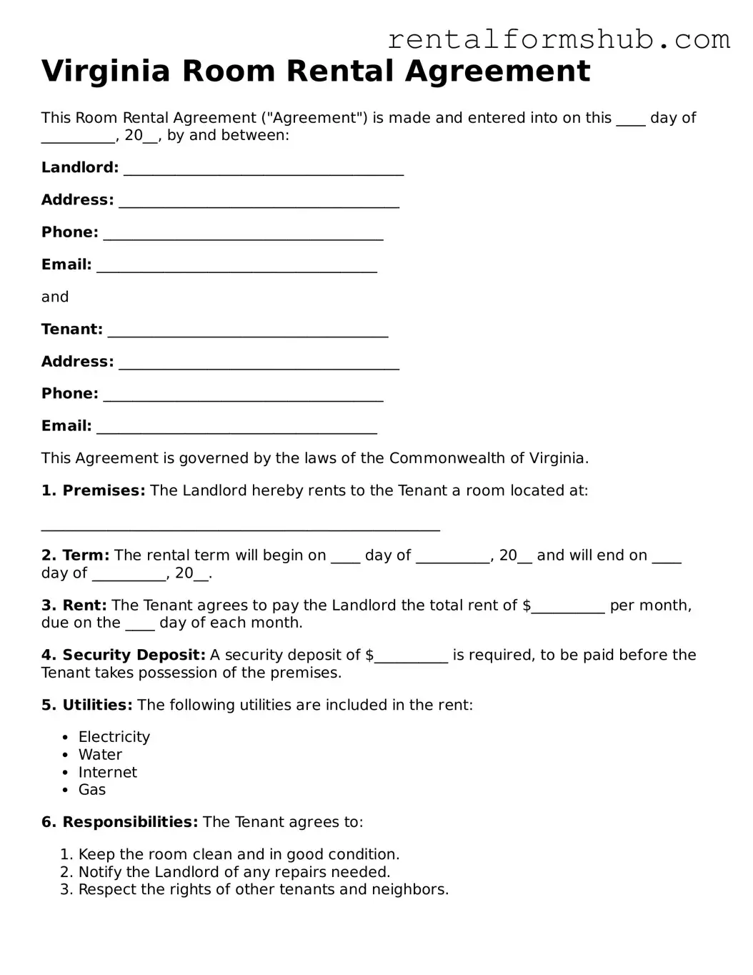 Official Virginia Room Rental Agreement Template