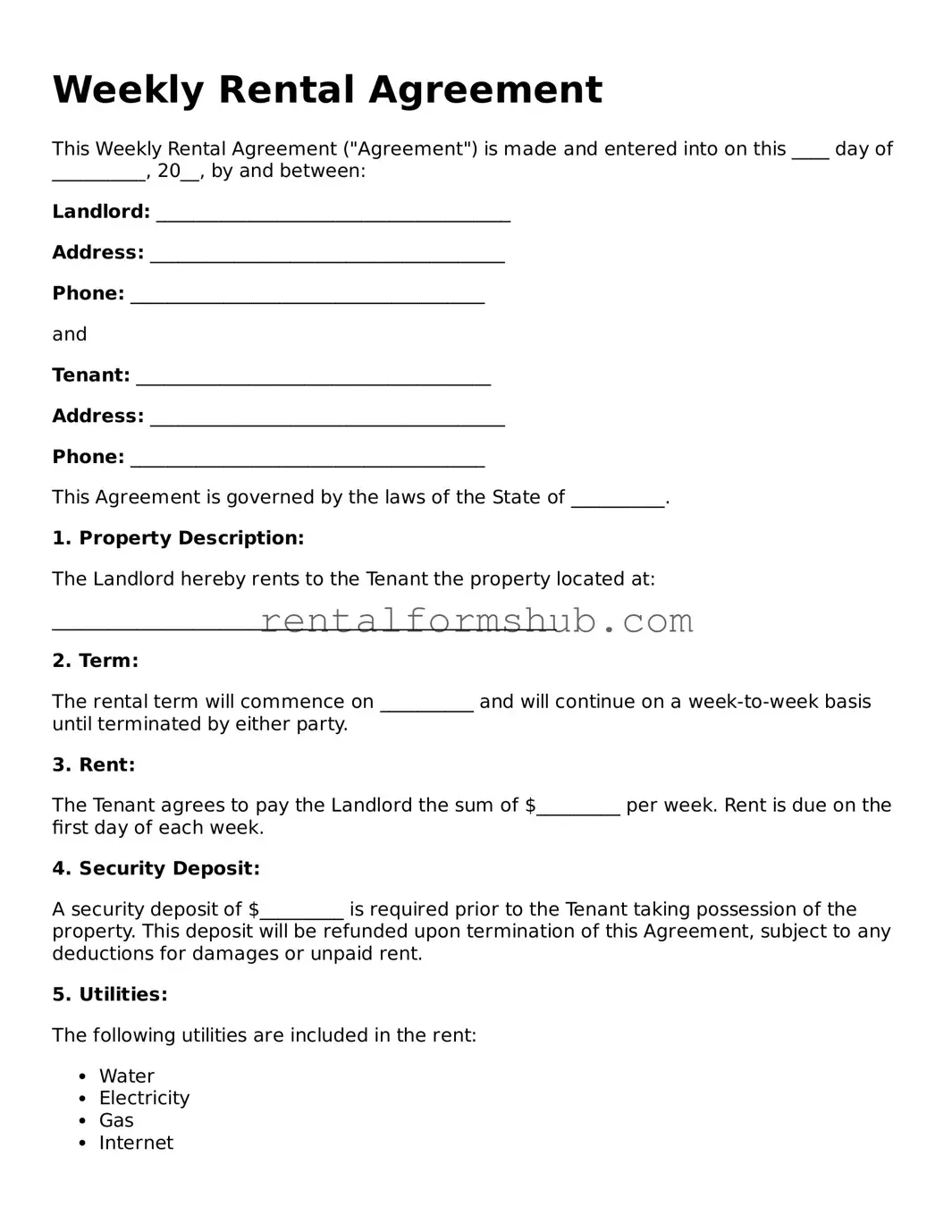 Blank Weekly Rental Agreement Template