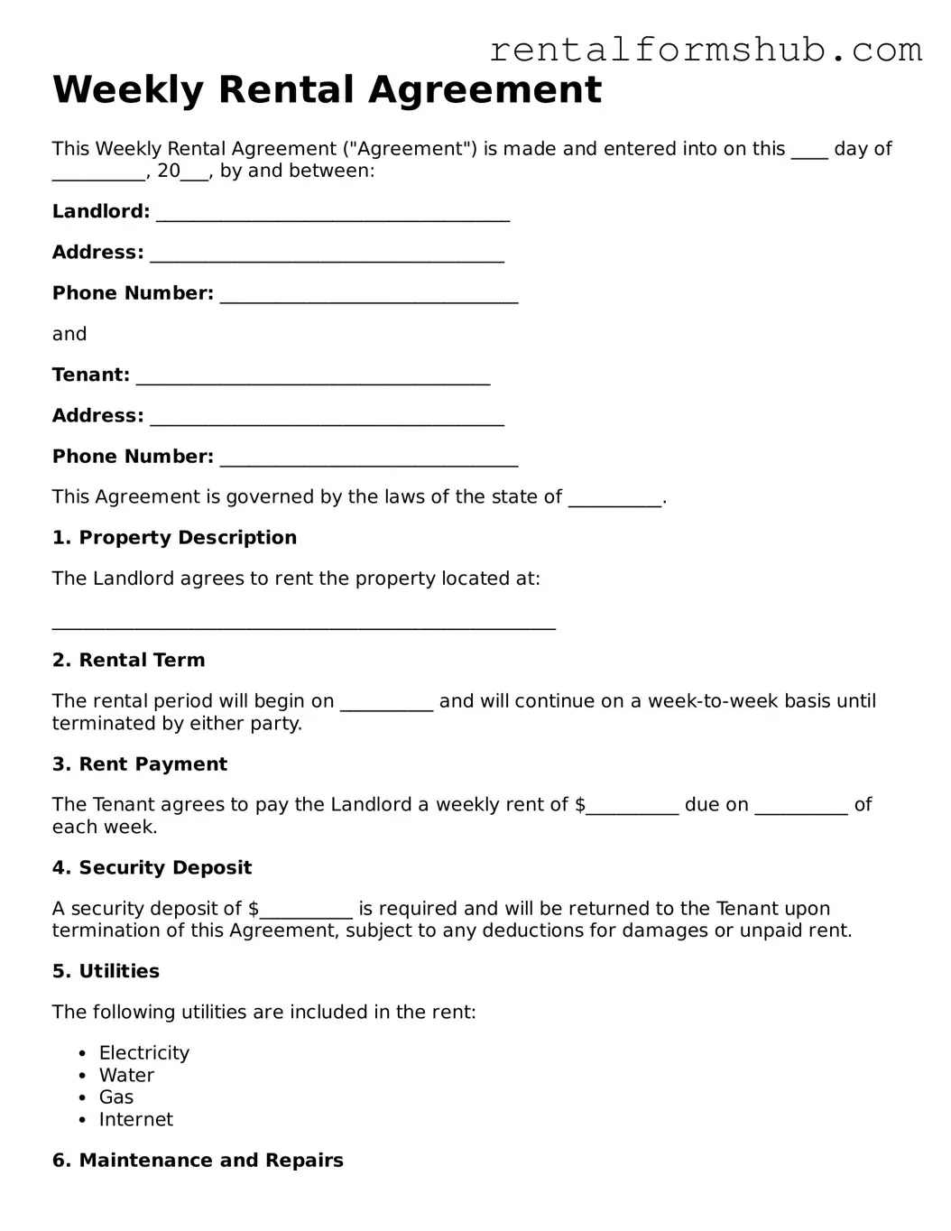 Blank Weekly Rental Agreement Template