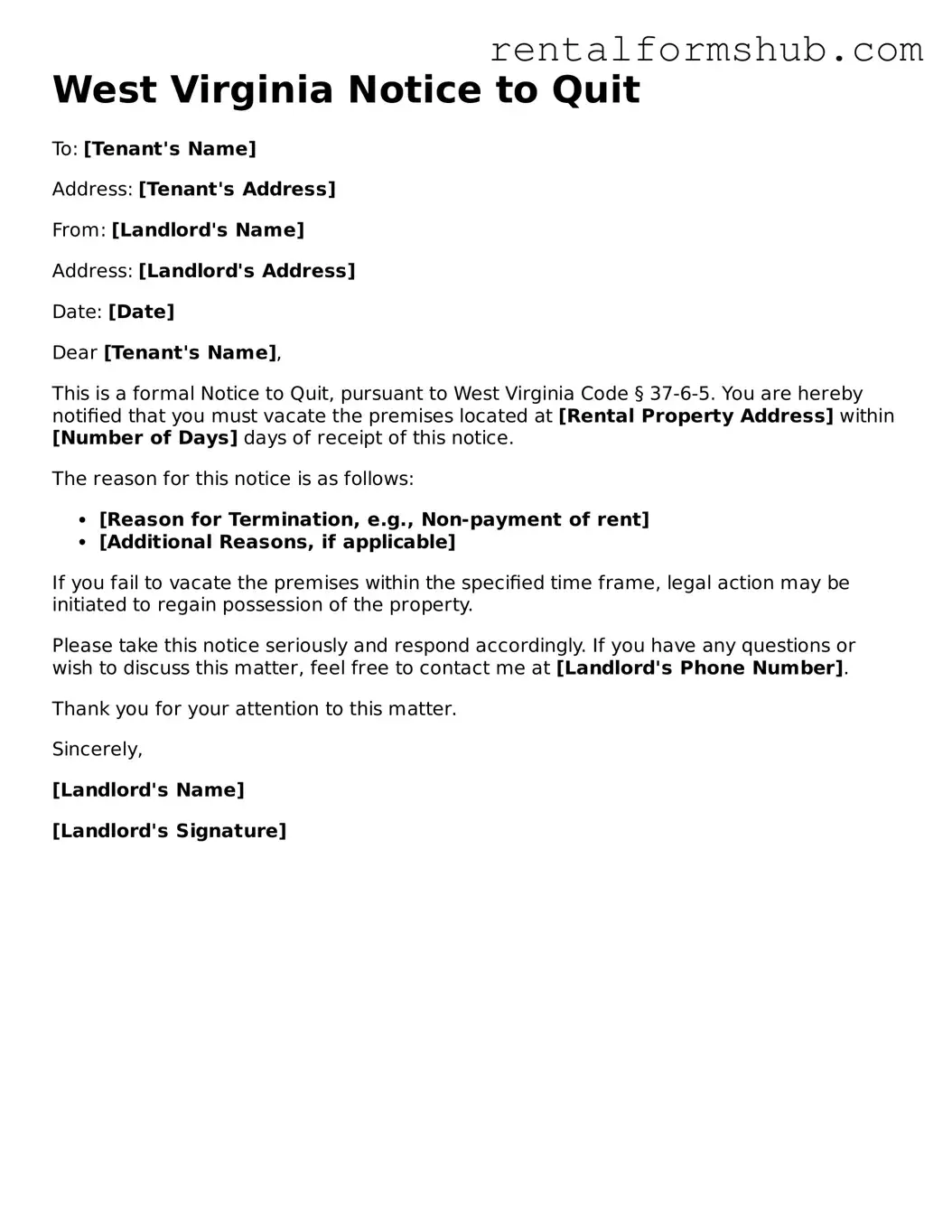 Official West Virginia Notice to Quit Template